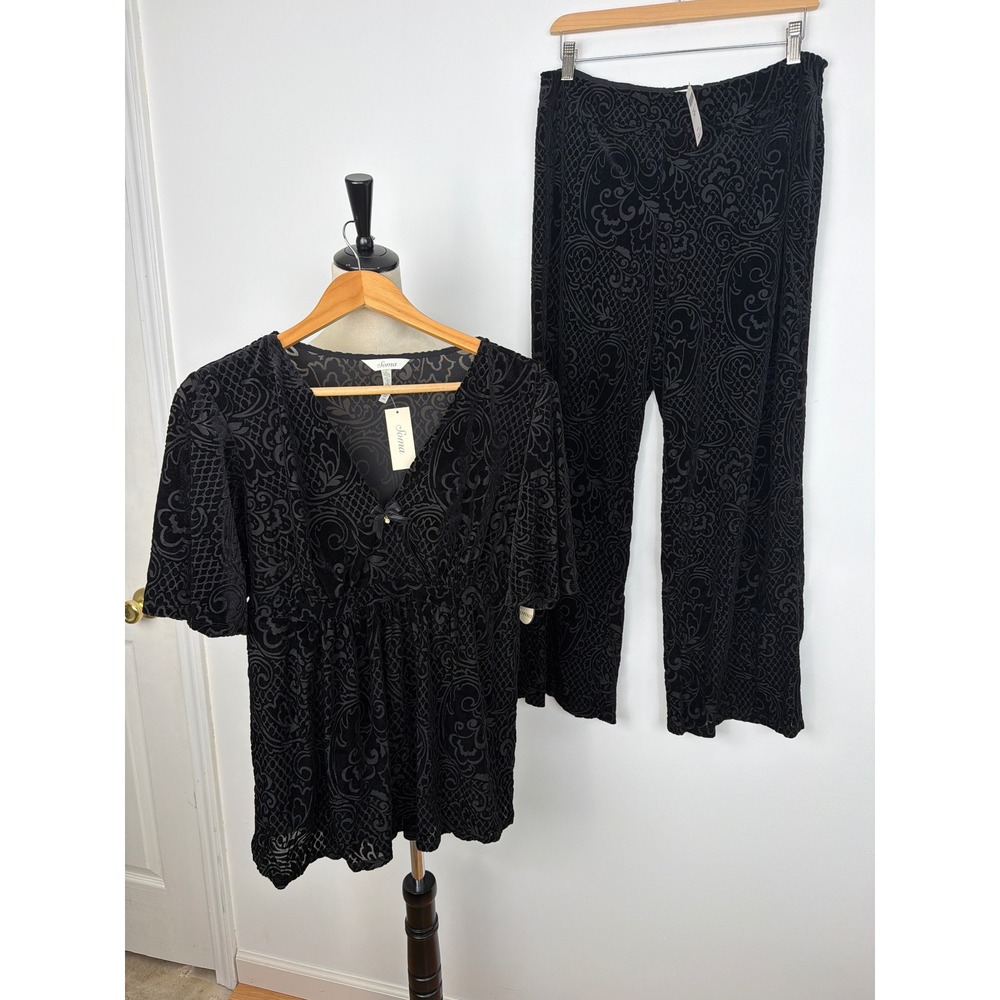 NWT Set Outfit L Black Velvet Burnout Sheer Goth Whimsigoth Pajama Going Out